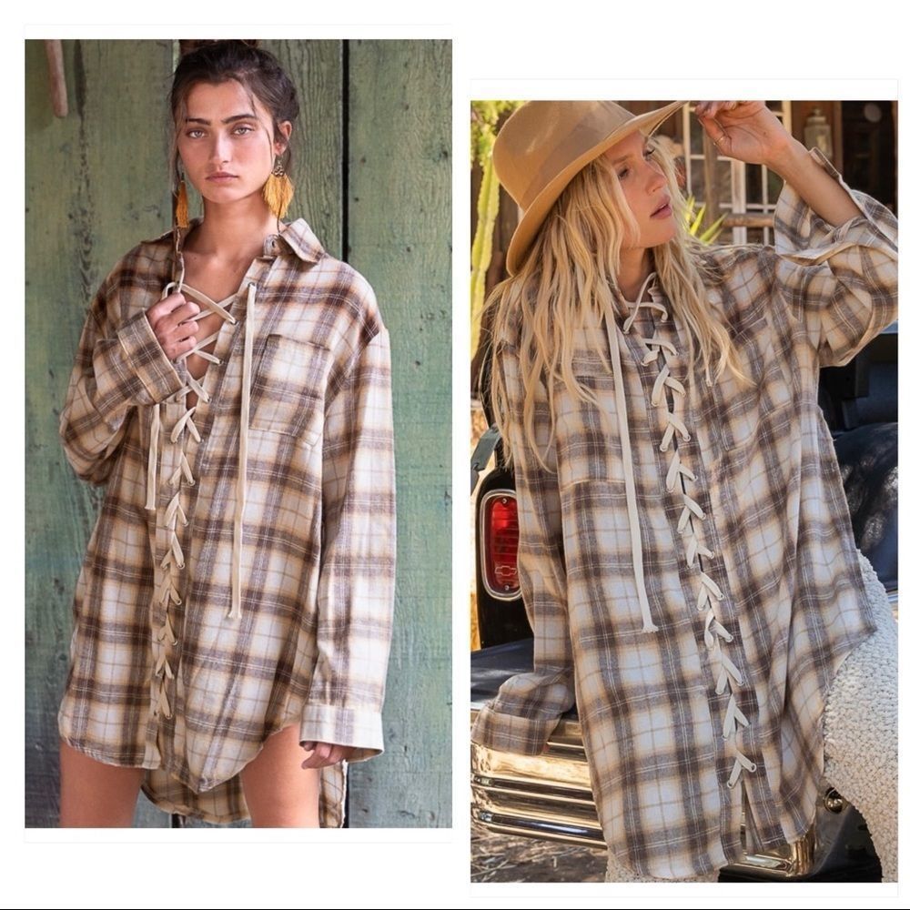 𝅺pol Boho Brown multi Lace Up Front Shirt - Picture 2 of 16